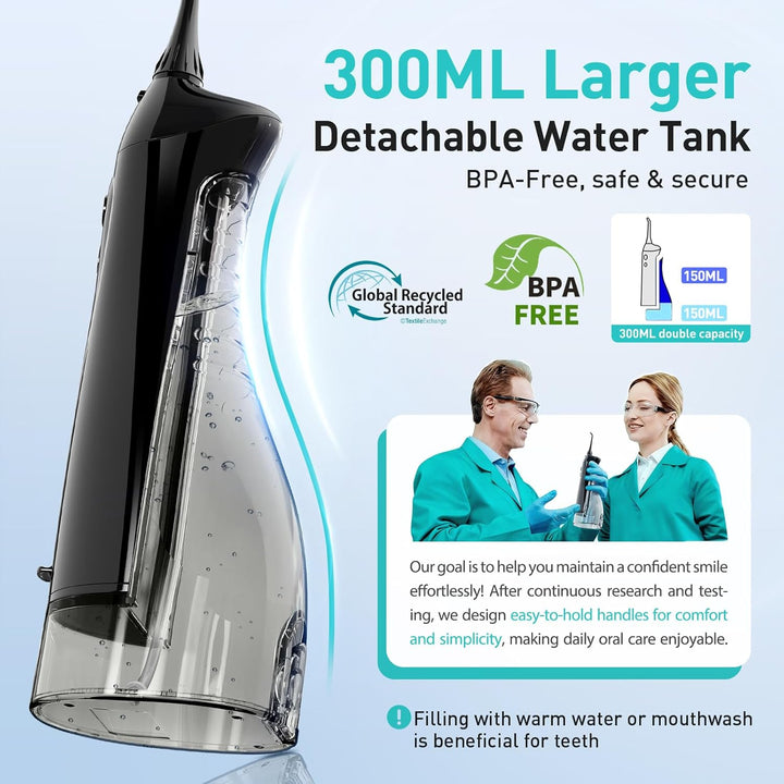 Water Dental Flosser Teeth Pick: Portable Cordless Oral Irrigator 300ML Rechargeable Travel Irrigation Cleaner IPX7 Waterproof Electric Flossing Machine for Teeth Cleaning C20(F5020E)
