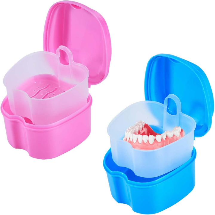 2 Pack Colors Denture Bath Case Cup Box Holder Storage Soak Container with Strainer Basket for Travel Cleaning (Light Blue and Blue)