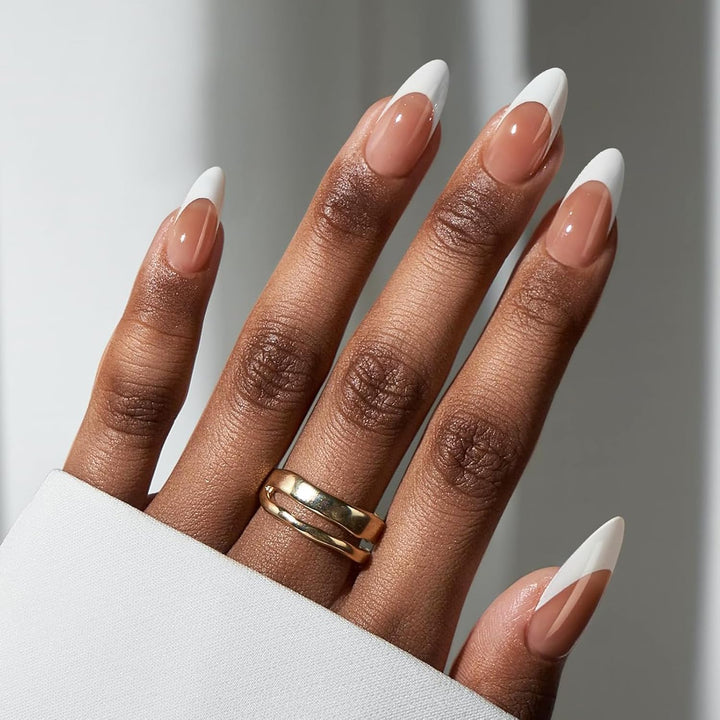 French Tip Press on Nails Almond - Black Press on Nails Short, Glue on Nails for Women Gift, Supremely Fit Natural Reusable Stick on Nails in 16 Sizes - 32 Fake Nails Kit, Black French