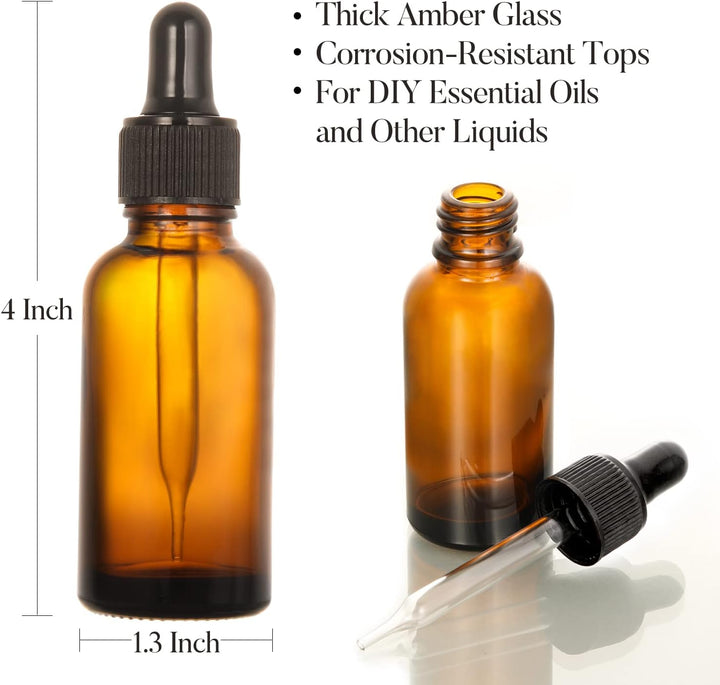 4 Pack, 1 Oz Thick Dark Amber Glass Dropper Bottles with 1 Funnels & 4 Labels - 30Ml Tincture Bottles with Eye Dropper - Leakproof Essential Oils Bottle - Storage and Travel for Beauty or Health