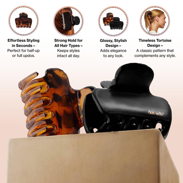 Medium Claw Clips for Women - Strong Hold & Stylish Glossy Puffy Design Hair Accessories | Half-Up or Full Updos | Ideal Gifts for Women - 2Pc Set, Black & Tort