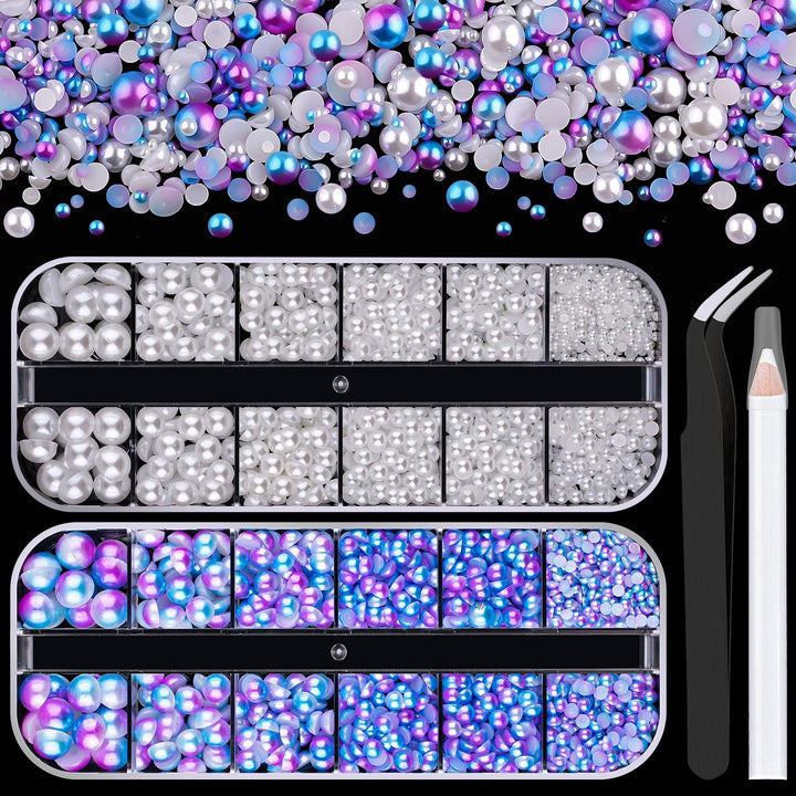 Nail Art Flat Back Half round Pearl Kits 3, Mixed Sizes 6000 Pcs White Small Pearls for Nails with Picking Tools for Graduation Cap Decorations Home DIY Body Face Craft Salon Use
