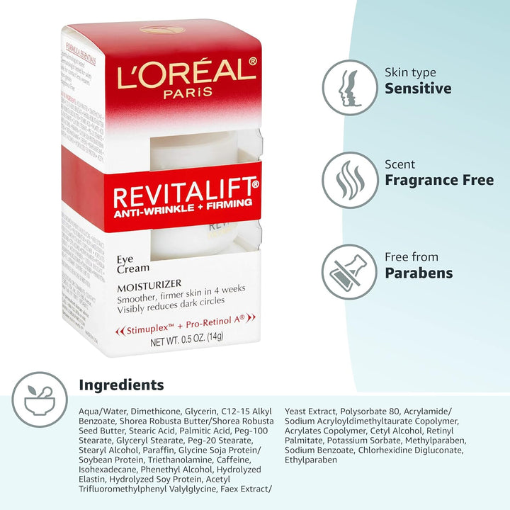 Skincare Revitalift Anti-Wrinkle and Firming Eye Cream with Pro Retinol, Treatment to Reduce Dark Circles, Fragrance Free, 0.5 Oz.