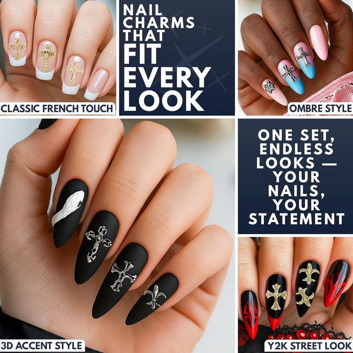 240 Pcs Silver and Gold Cross Nail Charms Bulk – 3D Silver and Gold Nail Charms Cross for DIY & Professional Manicures – Large-Pack for Creative Manicures with Shiny Crosses Accents