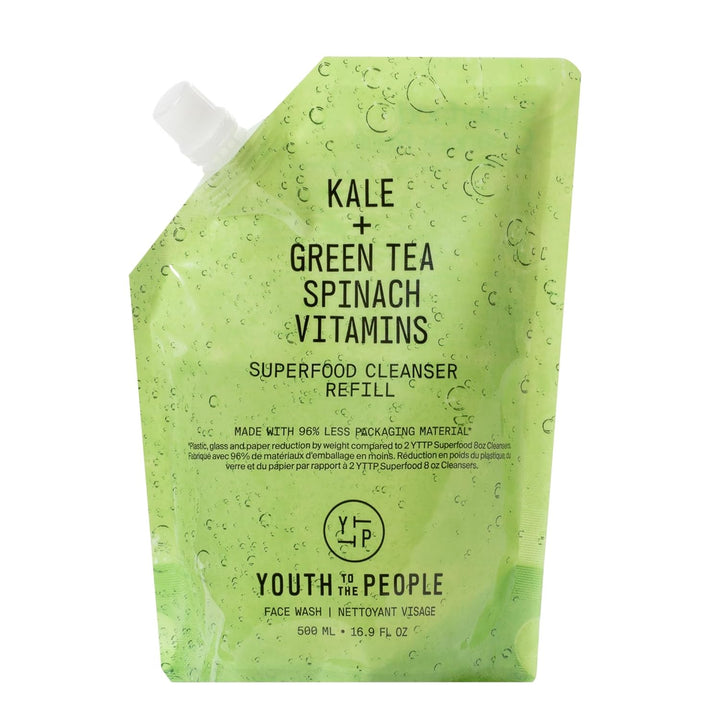Superfood Facial Cleanser - Kale + Green Tea Daily Face Wash, Gentle Makeup Remover, with Soothing Antioxidants for Glowing Skin, Ph Balance, Clean Pores, Sulfate-Free, Refillable