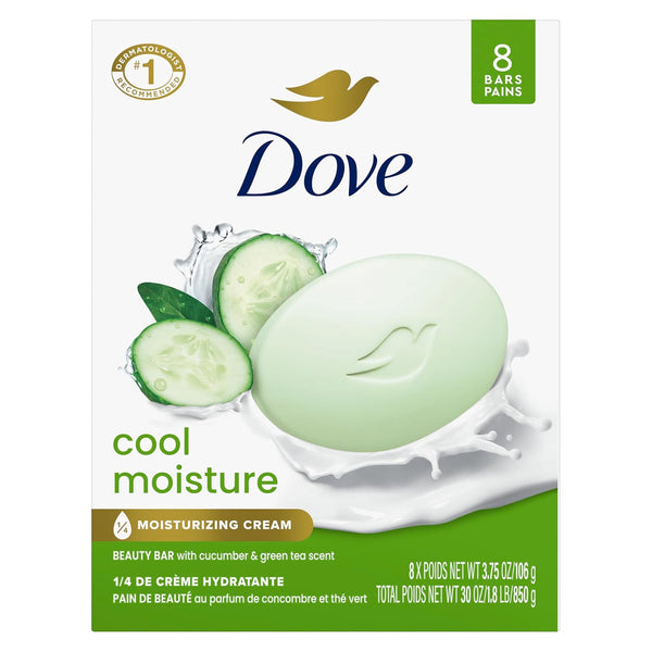 Dove Beauty Bar Soap Cool Moisture Cucumber & Green Tea Scent, 8 Bars for Refreshed Skin, Leaves Skin Refreshed 3.75 Oz