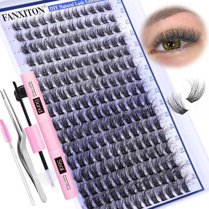 DIY Lash Extension Kit Volume Lash Clusters 40D+50D D Curvature Individual Lashes Lash Clusters Kit Thick Eyelash Extension Kit 280 Pcs Thin Band Cluster Lashes Lash Bond and Seal Tweezers