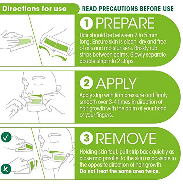Facial Wax Strips - Hypoallergenic All Skin Types - Facial Hair Removal for Women - at Home Waxing Kit with 20 Face Wax Strips + 4 Calming Oil Wipes + Skin Protection Powder