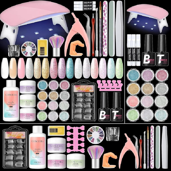 Acrylic Nail Kit for Beginners with Everything Nude Pink Clear Acrylics Powder with U V Light Glitter Decorations Professional Nails Kit Acrylic Set Gift for Women