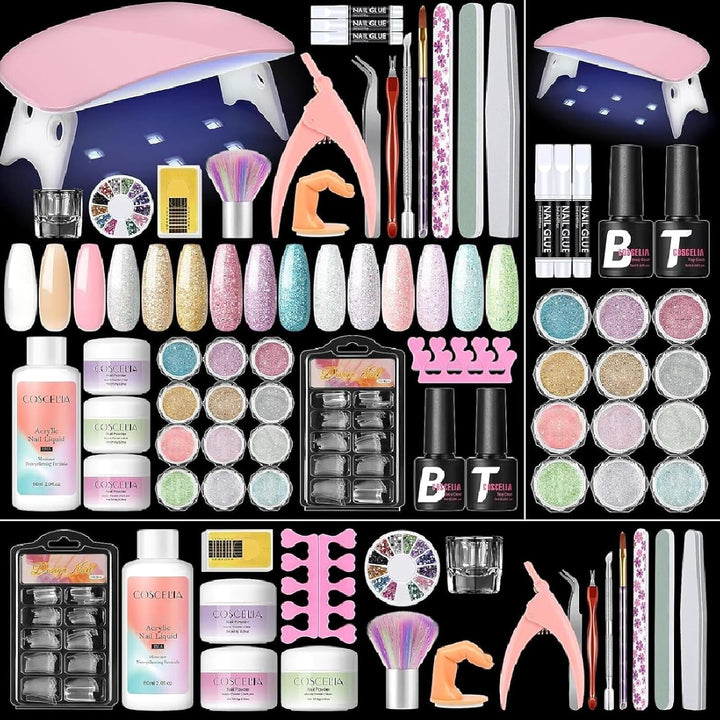 Acrylic Nail Kit for Beginners with Everything Nude Pink Clear Acrylics Powder with U V Light Glitter Decorations Professional Nails Kit Acrylic Set Gift for Women