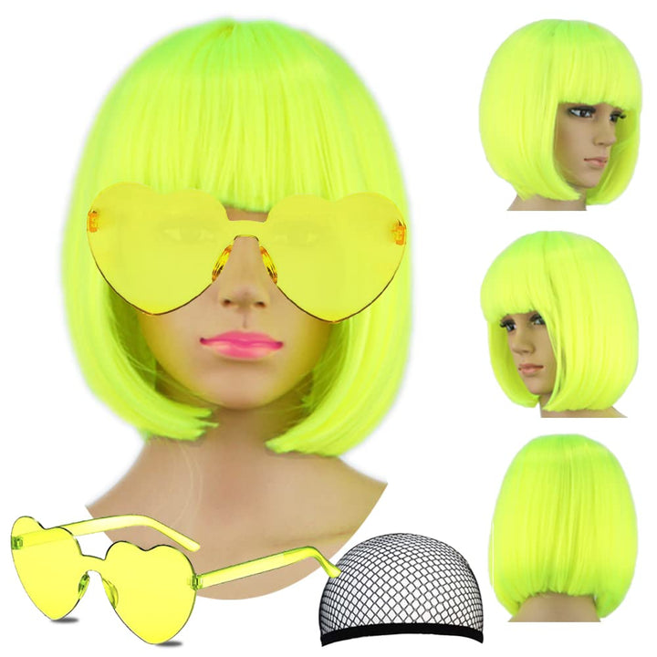 Short Bob Hair Wigs Straight with Flat Bangs Synthetic Colorful Cosplay Daily Party Neon Wig for Women + Free Wig Cap 14" Natural as Real