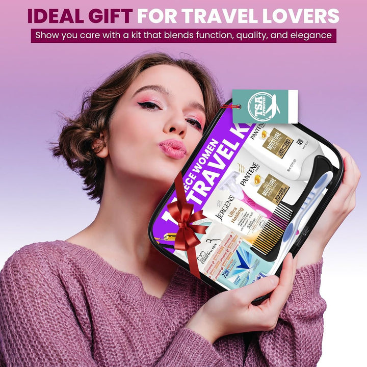 Travel Toiletry Kit for Women – 15 Piece Set of Premium Travel Size Toiletries, TSA Compliant Travel Essentials, Includes Shampoo and Conditioner, Body Wash, Toiletry Bag & More