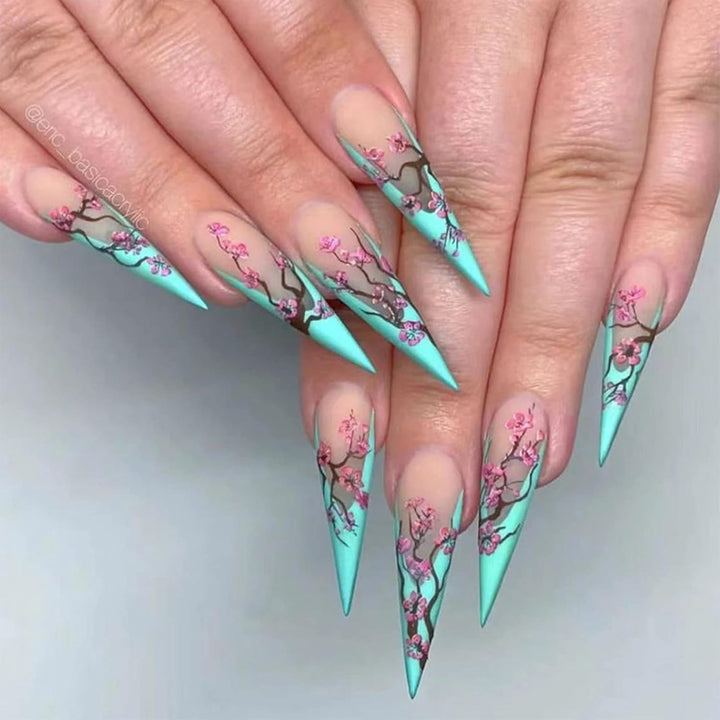 Stiletto Press on Nails Extra Long Fake Nails with Glue Glossy False Nails with Black Gradient Designs Full Cover Almond Acrylic Nail 24Pcs