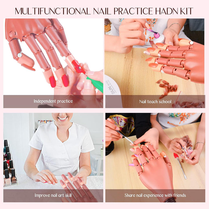 Practice Hand for Acrylic Nails, Flexible Moveable Fake Hands, Manicure Trainng Hand Nail Kit for Beginners, Movable Nail Maniquin Hand with 200PCS Nail Tips, Nail Glues, Brush and Clipper