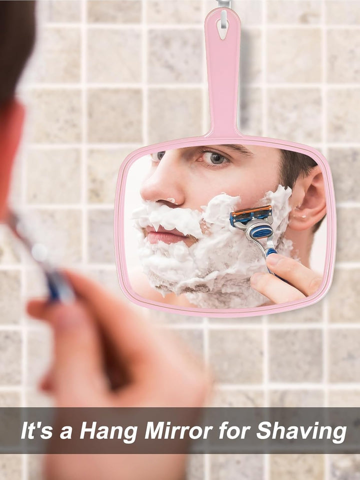 Hand Mirror Salon Barber Hairdressing Handheld Mirror with Handle (Square Pink 7.4 X 10.3 Inches)