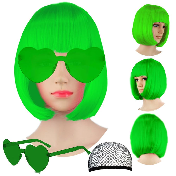 Short Bob Hair Wigs Straight with Flat Bangs Synthetic Colorful Cosplay Daily Party Neon Wig for Women + Free Wig Cap 14" Natural as Real