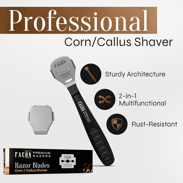 Facón Professional Callus Shaver Remover with 50 Blades, Pedicure Razor for Feet & Hands, Foot Razor for Callus Removal, Callus Blade Remover, Corn Shaver, Surgical Grade Premium Stainless Steel Tool