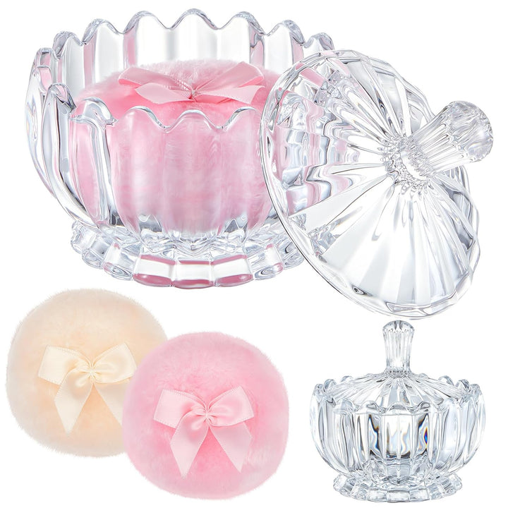3 Pcs Large Body Powder Puff and Container Powder Container with Puff Crystal Case Soft Washable Reusable Velour Face Body Glitter Wet Dry Makeup(Simple,Clear)