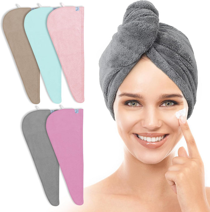 5 Pack Thicken Microfiber Hair Towel Wrap for Women - Elastic Loop Design - 320GSM Coral Velvet - Quick Dry Hair Turban - 11X28 Inch (Grey+Pink+Brown+Frozenblue+Frozenberry)