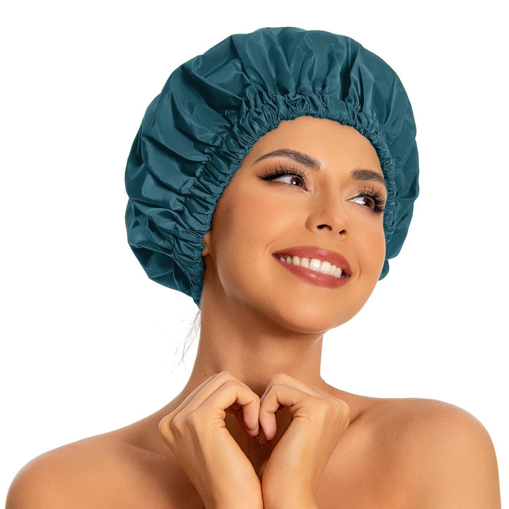 Reusable Shower Cap for Women, Large Waterproof Shower Bonnet Washable Elastic Band Bath Hair Hat for Long Hair, Braids(Green)