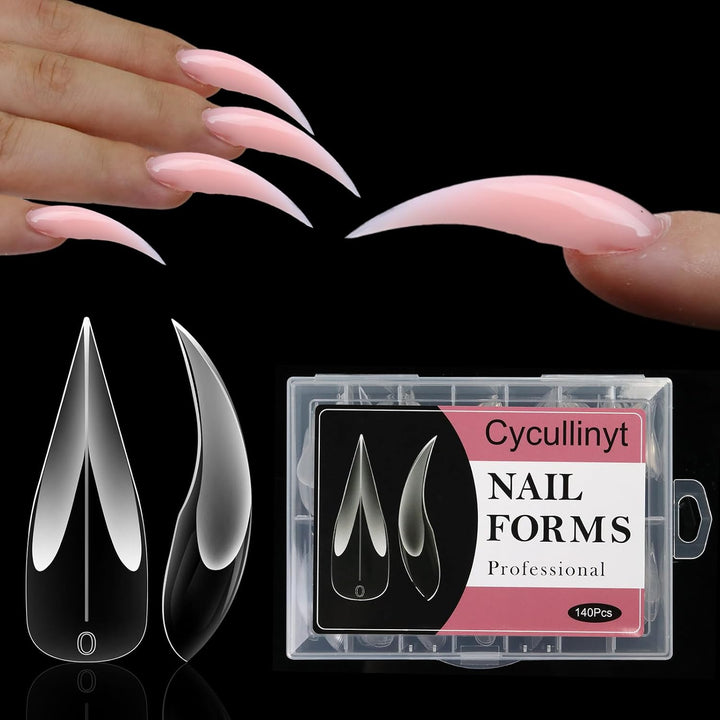 Curved Stiletto Nail Dual Forms for Poly Gel Extension of 3D Eagle Claw, Hawk Shape Full Cover Acrylic Nail Forms, Reusable Nail Molds for Halloween Nail Art Design 140 Pcs 14 Sizes