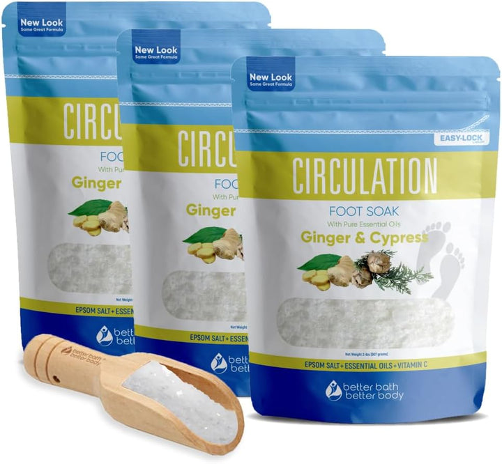Circulation Foot Soak 32 Ounces (2 Lbs) Epsom Salt with Pure Essential Oils Ginger and Cypress Essential Oils plus Vitamin C in BPA Free Pouch with Easy Press Lock Seal