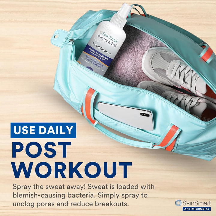 Skinsmart Facial Cleanser for Breakouts, Targets Bacteria for Post-Workout Pimples, Blemishes and Sweat Irritation; 8 Oz Spray, Safe for All Ages: Adults and Teens