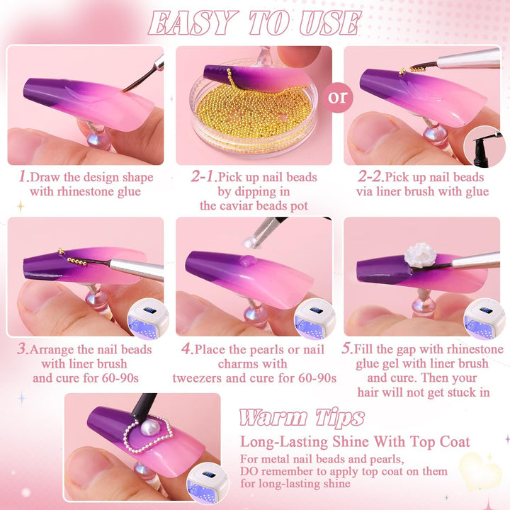 2 Boxes Flatback Pearls (White+Beige) and Metal Nail Beads (Silver+Gold) for Nail Art, Luxurious Pearl Nail Charms and Gems and Small round Caviar Beads Nail Accessories for Acrylic Nail Tips Manicure