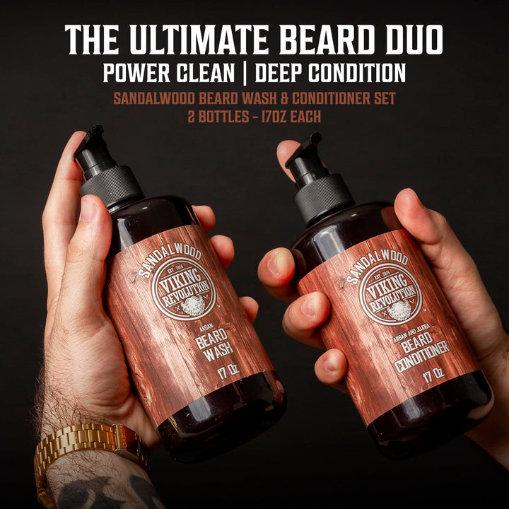 Beard Wash & Beard Conditioner Set with Argan & Jojoba Oils - Softens and Strengthens - Natural Sandalwood Scent - Beard Shampoo with Beard Oil (17 Oz)