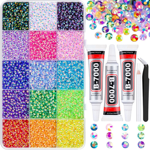 18000Pcs Resin Jelly Rhinestones for Bedazzling, Multicolor 3Mm Flatback Rainbow Gems, Bedazzler Kit with 3Pcs 10Ml B7000 Jewelry Glue for Crafts Crafting Book Shoes Nail Art