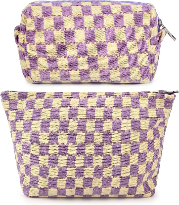 2 Pieces Makeup Bag Large Checkered Cosmetic Bag Capacity Canvas Mix Travel Toiletry Bag Organizer Cute Makeup Brushes Aesthetic Accessories Storage Bag for Women, Checkered Mix Rose Red