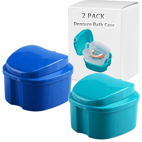 Denture Bath Box Cup, Complete Clean Care for Dentures, Clear Braces, Mouth Guard, Night Guard & Retainers, Traveling (Navy Blue & Blue)