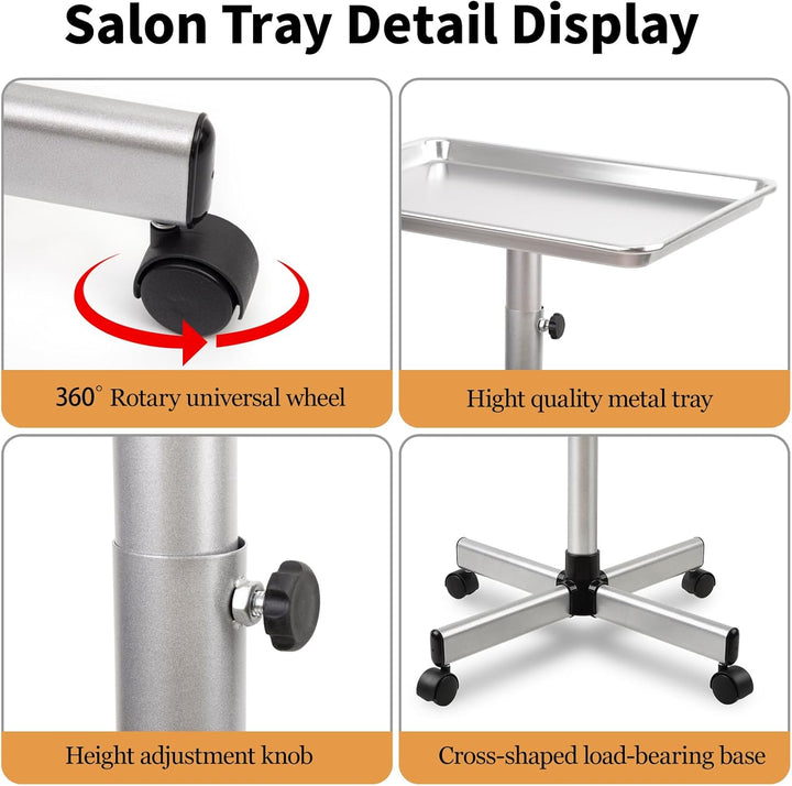 Salon Tray on Wheels, Rolling Tattoo Tray, Adjustable Hair Stylist Tray, Metal Mayo Stand Tray, Salon Color Tray Use as Medical Tray, No-Rusting