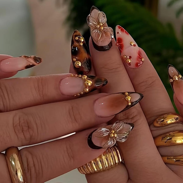 Medium Almond 3D Brown Gold Flower Press on Nails-‎ Tortoiseshell Leopard French Tip Blossom Gradient Design,24Pcs Handmade Fall/Autumn/New Year Glue on Acrylic Fake Nail Press Ons for Women