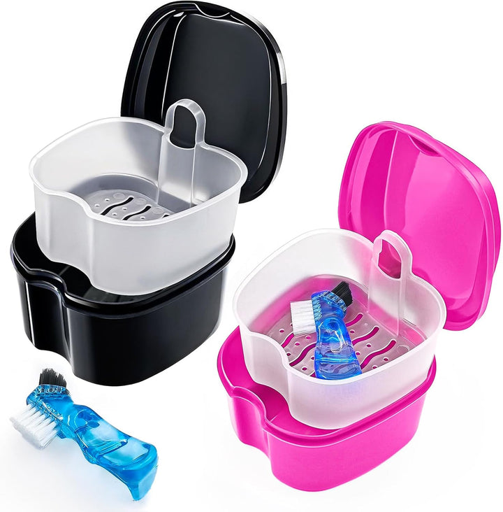 Black Denture Soaking Container Partial Denture Case, Orthodontic Retainer Cleaning Case Denture Cleaner Container Dentures Teeth Cup with Strainer and Lid Waterproof