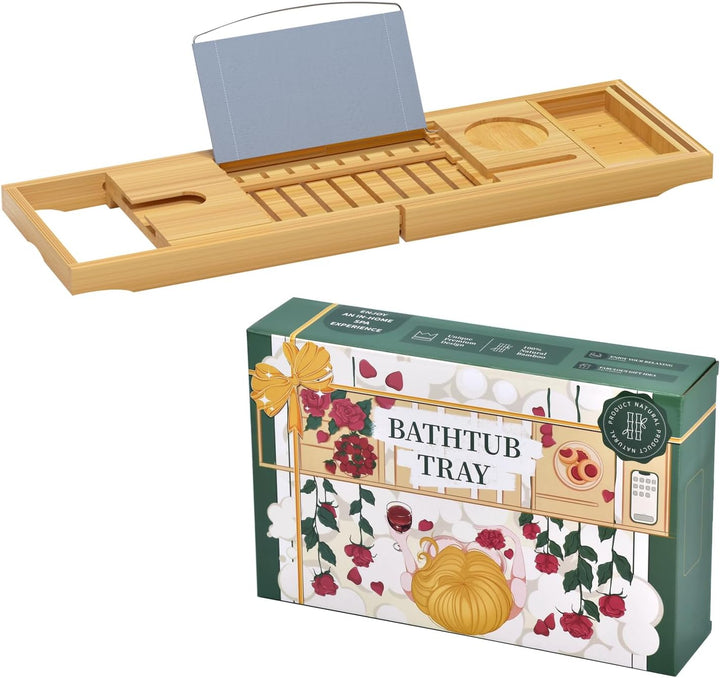 Luxury Bamboo Bathtub Tray - Wooden Expandable Caddy with Book, Tablet, Wine Holder - Gift Idea