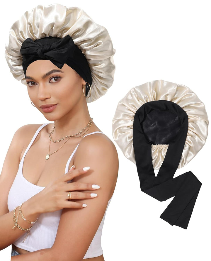 Satin Bonnet for Sleeping Cap Double Layer Hair Bonnet with Elastic Tie Band for Curly Hair Night Cap (Bean Paste + Pink)