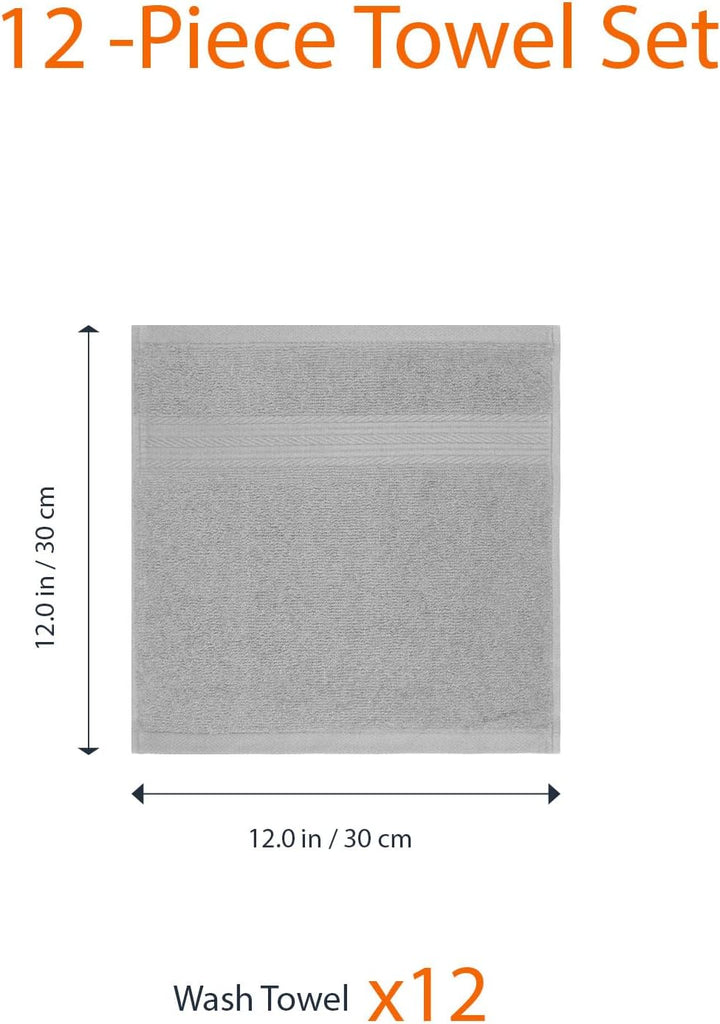 Cotton Washcloths for Bathroom, Soft and Highly Absorbent, 12 in X 12 In, Gray, 12-Pack