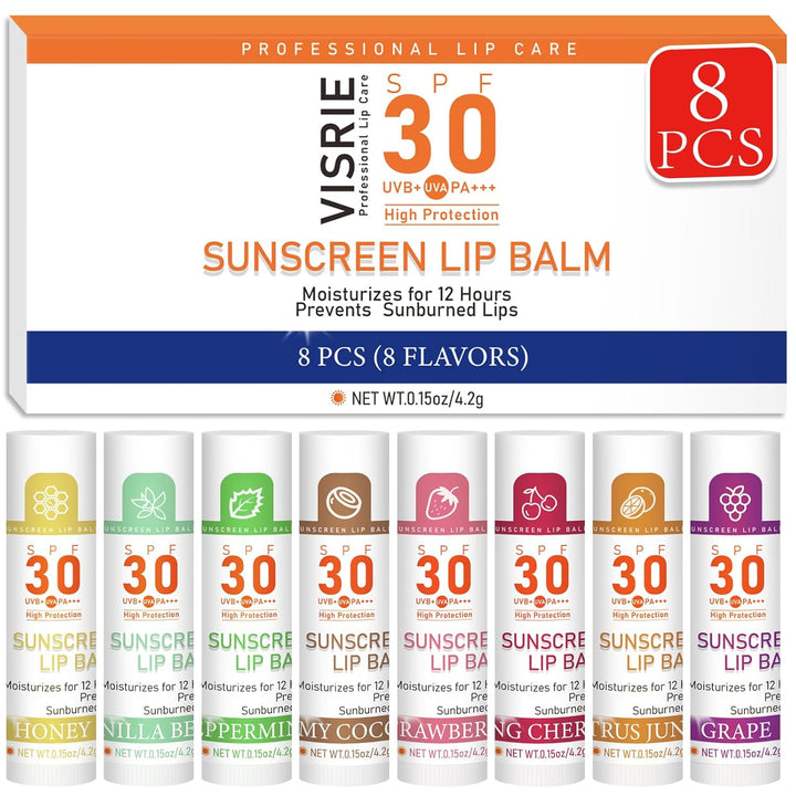 SPF 30 Lip Sunscreen, SPF Lip Balm Travel Size 16 Pack, Hydrating Lip Balm Bulk with Vitamin E and Coconut Oil- 8 Flavors