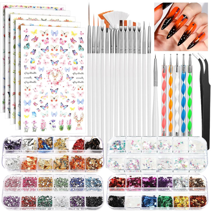 Nail Art Brushes Set, Nail Art Kit, Nail Design Kit, Nail Art Dotting Pens, Nail Stickers, Butterfly Nail Art Sequins, Nail Foils, Nail Art Flakes Iridescent, Rhinestones for Nails