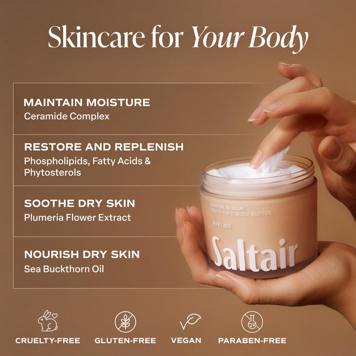 Multi-Lipid Body Butter - Rich, Nourishing Santal Bloom Hydrating Body Cream with Ceramide Complex, Coconut Oil, Shea Butter, and Sea Buckthorn. Deep Moisturizing Dry Skin Care. 10Oz Jar