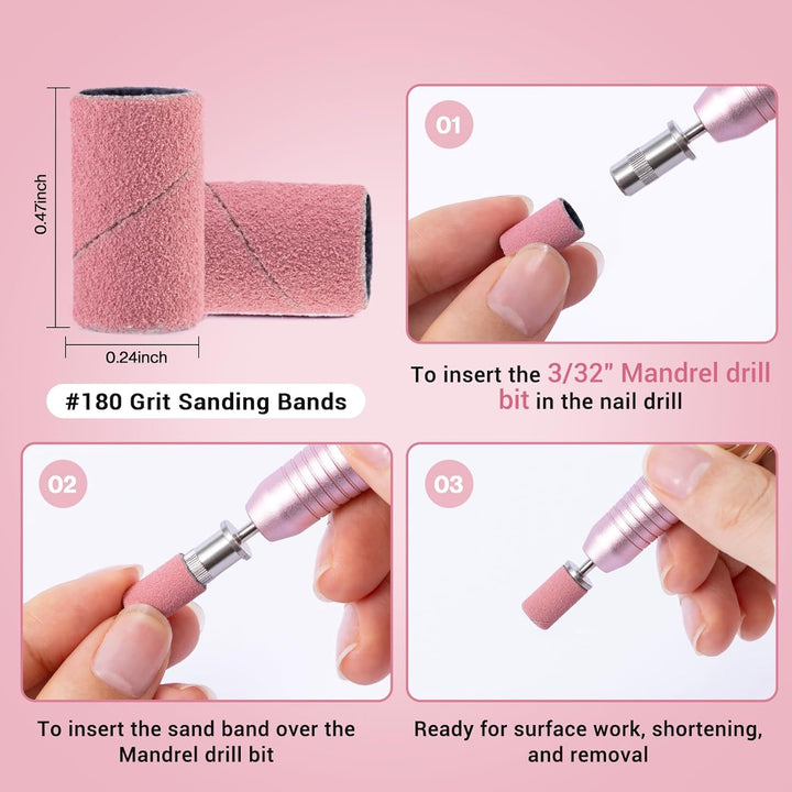 100 Pcs Nail Drill Bits Sanding Bands for Nail Drill 180 Fine Grit Nail File Sanding Bands for Acrylic Nails Gel Manicures and Pedicure