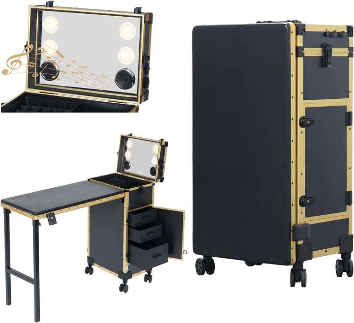 Rolling Portable Manicure Table with 3 Drawers, Lockable Makeup Train Case with Mirror & Nail Polish Organizer, Foldable Nail Desk with Wheels & Handle for Mobile Nail Techs & Salon Use, Black