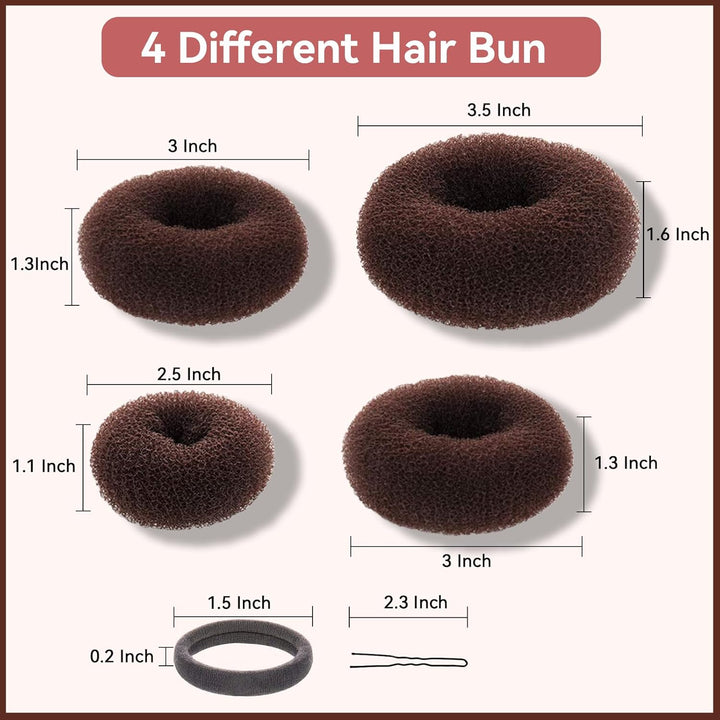 Hair Bun Maker Kit, Donut Bun Maker 4 Pieces (Large, Medium and Small), 6 Pieces Elastic Hair Ties, 20 Pieces Hair Bobby Pins, Brown