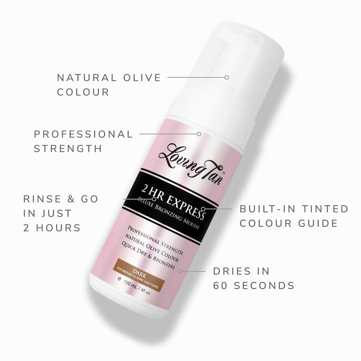 2 HR Express Self Tanning Mousse, Dark - Streak Free, Natural, Professional Quality - 5+ Sunless Self Tanner Applications per Bottle, Cruelty Free, Naturally Derived DHA - 4 FL Oz