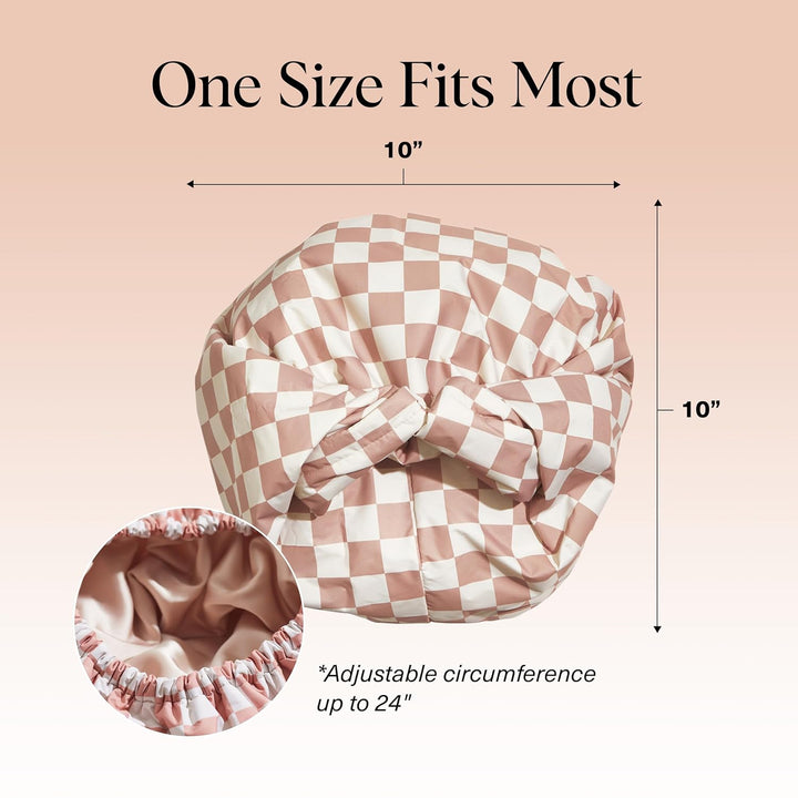 Luxury Shower Caps for Women Reusable Waterproof - Flexi Satin Lined, Large Wide Shower Cap for Women & Men, Adjustable, Stylish Hair Cap for Shower, for Long & Short Hair - Terracotta Checker