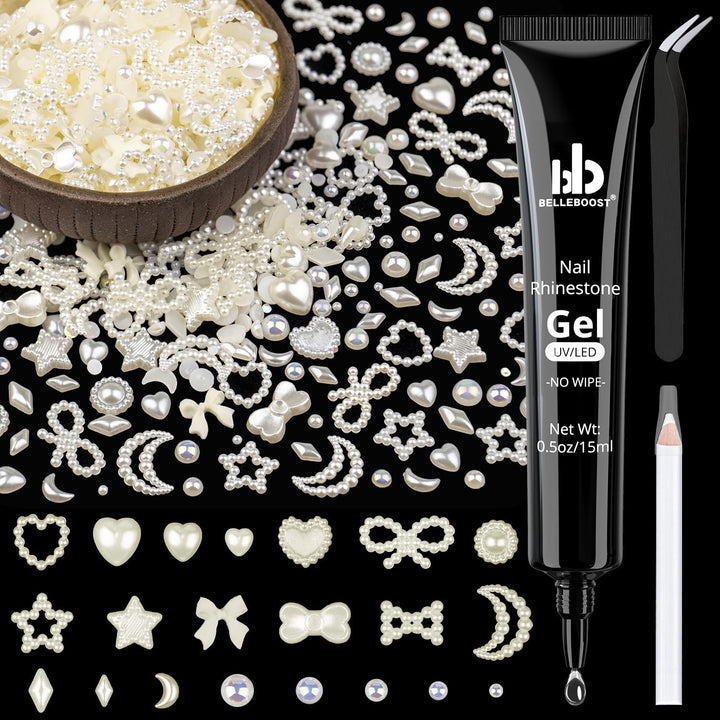 600Pcs 3D Multi Shapes Nail Charms and Flatback Pearls, White Mix Styles Heart Star Bow Sunflower Embellishments for Nail Art, Craft and Decoration with Glue Gel, Tweezer and Pickup Pencil