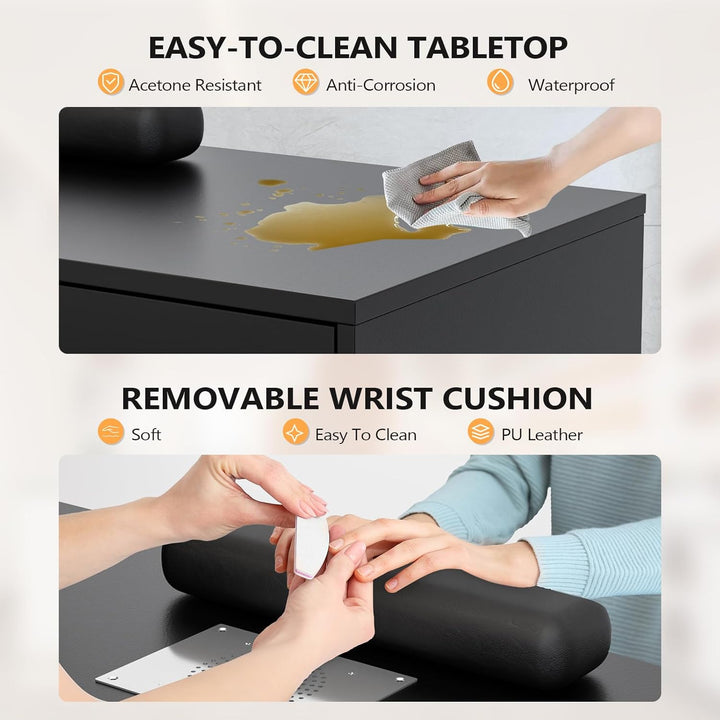 L Shaped Manicure Table with Dust Collector, 52" L Corner Nail Desk for Nail Techs, W/Polish Display Rack Arm Rest, Acetone Resistant Top, Drawer and Cabinet Storage, for Nail Salon (Black)