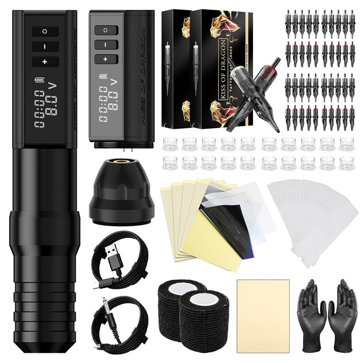 Tattoo Gun Kit -  Tattoo Kit Complete Wireless Tattoo Machine 2400Mah Power Supply 20Pcs Cartridge Needles Tattoo Ink Practice Skin Bandage for Beginners