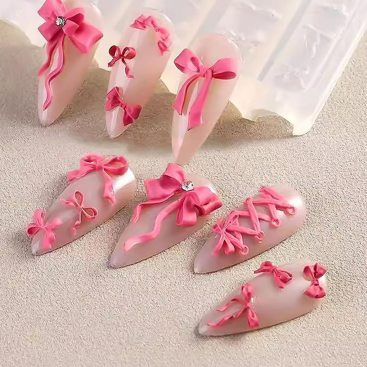 Bowknot Silicone Nail Molds, 3D Gel Nail Art Sculpture Bow Mold DIY Bow Charms for Nails Design Silicone Molds Cute Bows Nail Template Stencils Reusable Manicure Carved Mould Resin Mold
